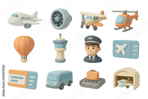 Aviation icons: airplane, pilot, helicopter, hot air balloon, control tower