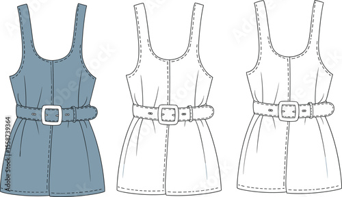  Fashion flat sketch of belted sleeveless mini dress, casual trendy tunic dress design for women, technical illustration vector template

flat vector illustration