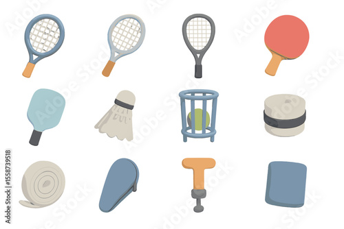 Colorful sports equipment icons: tennis, badminton, ping pong, pickleball