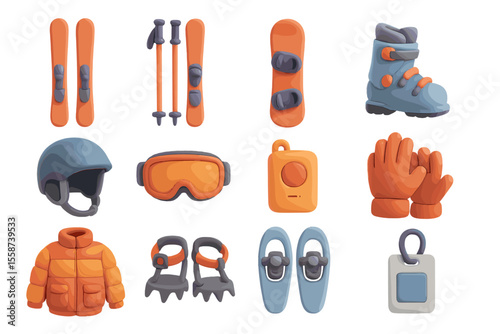 Colorful 3d winter sports gear collection with ski and snowboard equipment