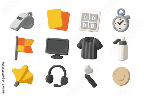 Soccer icons featuring whistle, cards, clock, and referee gear