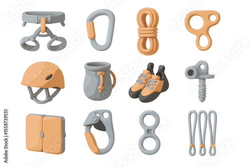 Essential climbing gear: carabiners, rope, helmet, shoes, chalk bag