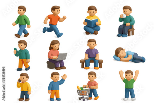 Colorful clay character actions: everyday activities and emotions