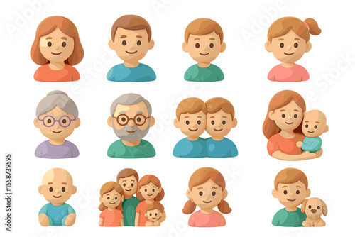 Diverse cartoon family portraits: various ages and genders