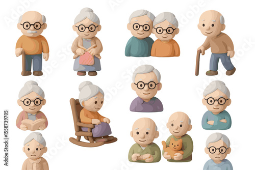 Elderly caucasian characters engaged in various activities