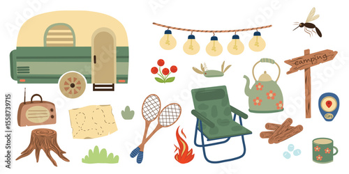 Hand drawn outing vector elements set. Camping elements vector set. Hiking and camping set. Camp equipment and nature elements.
