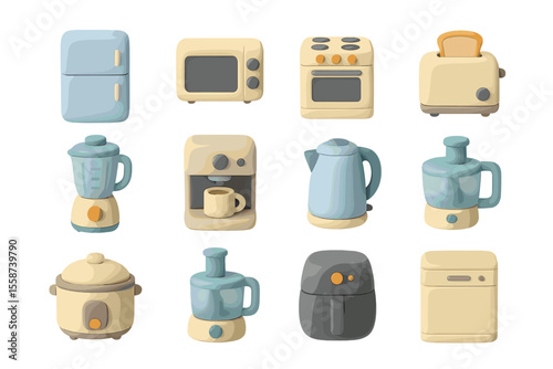 Stylized kitchen appliances collection: toaster, blender, air fryer, coffee maker