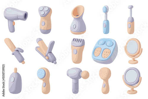 Pastel-colored 3d render of modern beauty gadgets and accessories