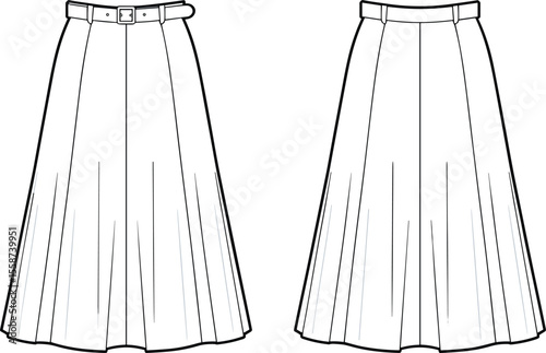  Long flared pleated skirt technical flat with waistband belt, front and back view, fashion vector sketch for garment design

flat vector illustration