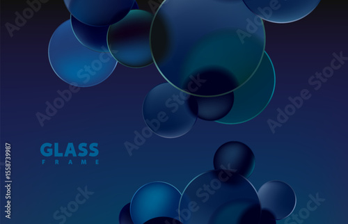 Dark  blue transparent circles and balls in liquid glass style. abstract geometric background.
