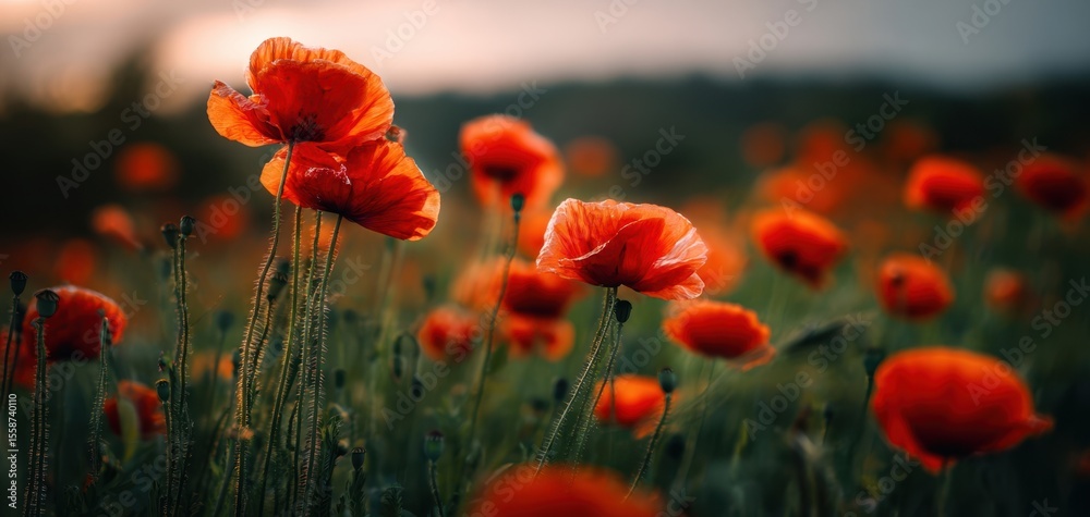 Obraz premium The vibrant poppies blooming in a scenic sunset landscape.