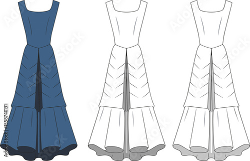 Modern sleeveless panel dress with flared hem, stylish layered pleats, fashion illustration, technical flat sketch for garment design reference

 flat vector illustration