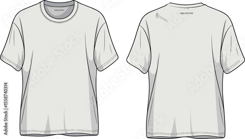 Blank White T-Shirt Top View Vector CAD Drawing for Fashion Mockups