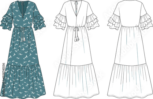  Ruffle sleeve maxi dress with bird print, V-neck tie front, flared hem, boho summer outfit for women and resort fashion

flat vector illustration