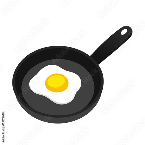 Stylized fried egg cooking in a black frying pan isolated on transparent background