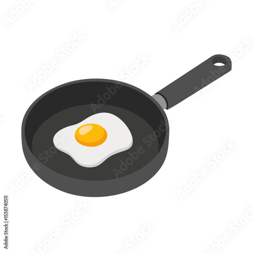 A single fried egg cooking in a black frying pan isolated on transparent background