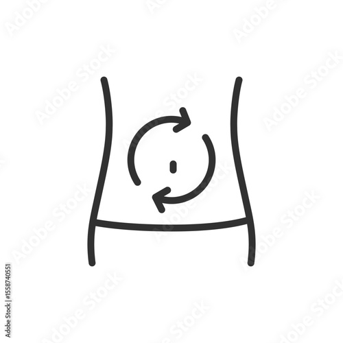 Belly with rotating arrow, linear icon. digestion, metabolism or bowel movement. Line with editable stroke.