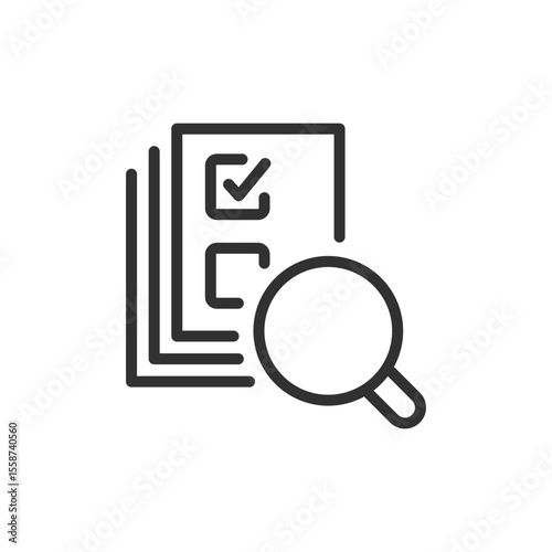 Documents with magnifying glass and checkmark, linear icon. audit, review or research. Line with editable stroke.