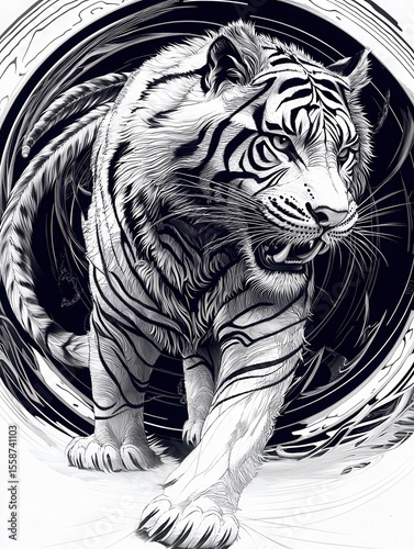 Striking Black and White Tiger Illustration with Dynamic Design