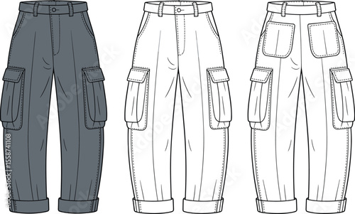 Technical flat sketch of men's cargo pants with pockets, belt loops, cuffed hem, front and back views for fashion design

 flat vector illustration
