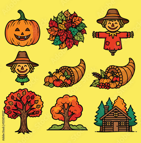 A comprehensive collection of nine vibrant cartoon icons representing various autumn, harvest, and seasonal landscape theme