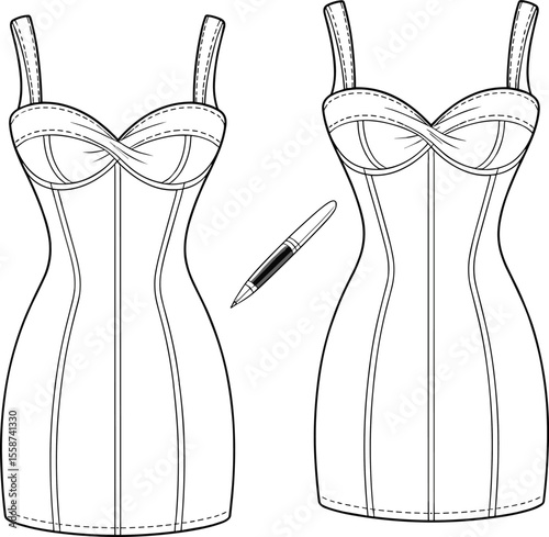 Women’s bodycon mini dress fashion flat sketch, bustier design, contour seams, spaghetti straps, tight fit outline vector illustration

 flat vector illustration