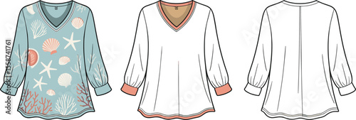 Women's sea-themed printed blouse flat sketch, V-neck long sleeve tunic top with coral seashell pattern, fashion vector template illustration

 flat vector illustration