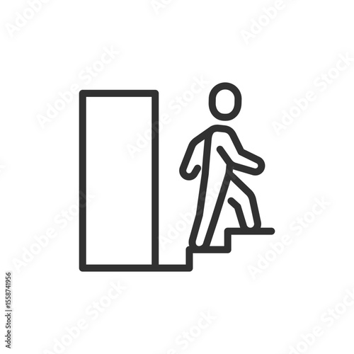 Person walking down stairs from door, linear icon. Exit route or downward access. Line with editable stroke.