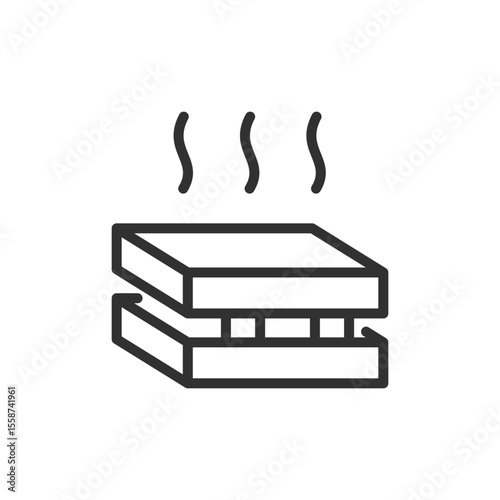 Heated wooden planks, linear icon. Drying timber for construction use. Line with editable stroke.