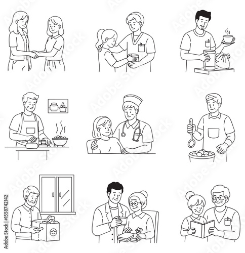 A comprehensive collection of nine black and white line art illustrations depicting various acts of charity, compassion, and community support.