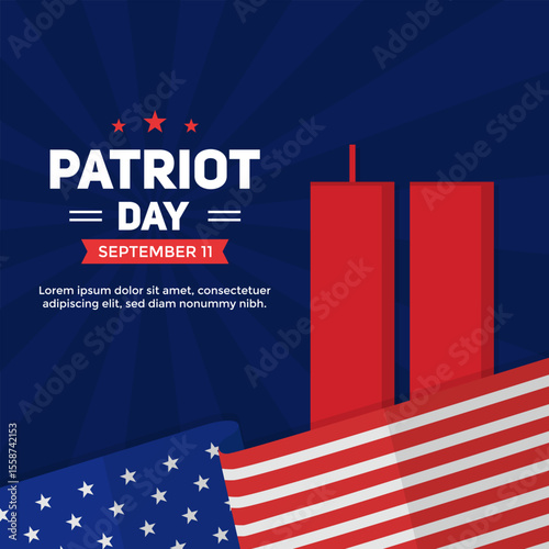 Patriot Day social media post. Patriot Day greeting square background with red twin tower and American flag on dark blue