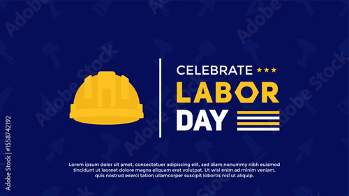 Labor Day greeting horizontal background with construction helmet on blue background. USA Labor Day background template with tools pattern on blue