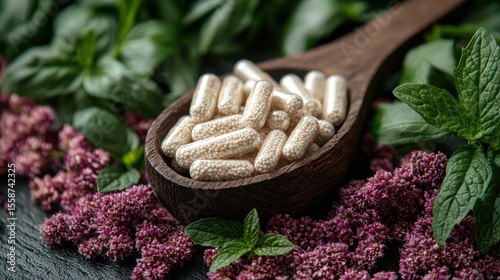 wooden spoon overflows vitamin capsules nestled amidst vibrant fresh basil, mint, and rosemary, showcasing essence of herbal wellness and plant based nutrition
