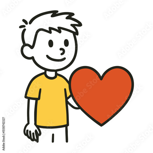 Smiling Boy with Large Red Heart. Cute Kids, Valentine Concept, Simple Hand-Drawn Love Vector Illustration