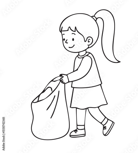  A cheerful black and white line art illustration of a young girl with a ponytail, smiling and holding a large, open bag collecting trash