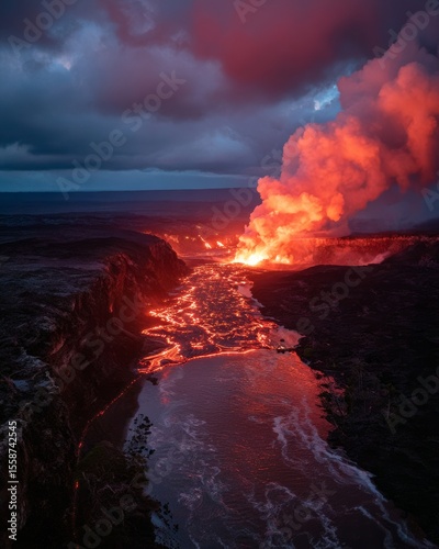 Lava river flowing down mountain at night with red glow.