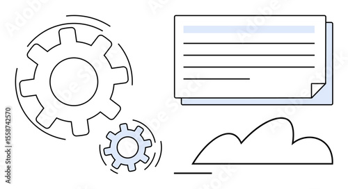 Gears in motion reflect process optimization, positioned near a document for organization and a cloud for storage. Ideal for workflow, technology, cloud storage, automation, business, engineering