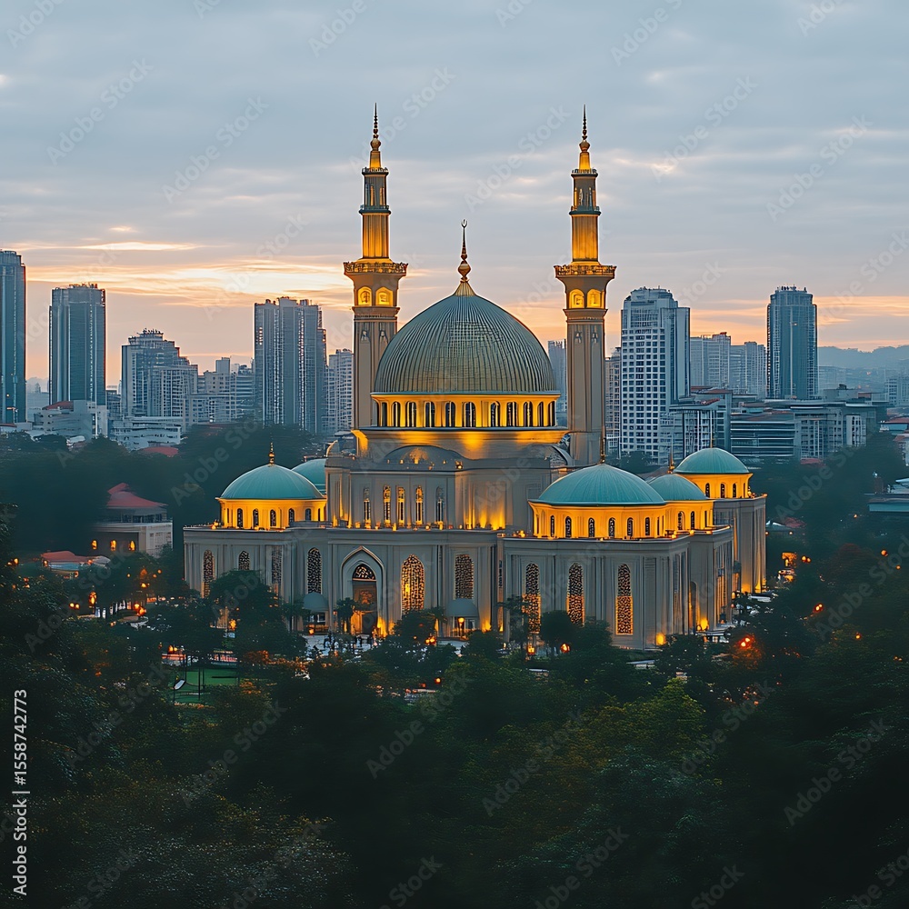 Obraz premium Majestic mosque at dawn, cityscape backdrop