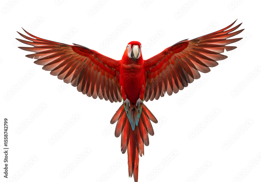 Obraz premium A red scarlet macaw bird, its wings spread out. Suitable for website backgrounds or marketing materials for nature, wildlife, isolated on white or transparent background. PNG