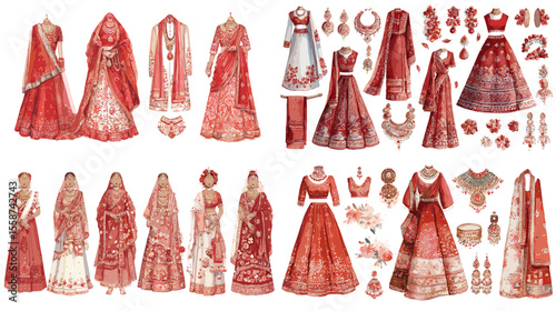 Vibrant watercolor illustration of Indian bridal dresses and jewelry in red and gold tones, ideal for wedding themes, fashion, and cultural content.

