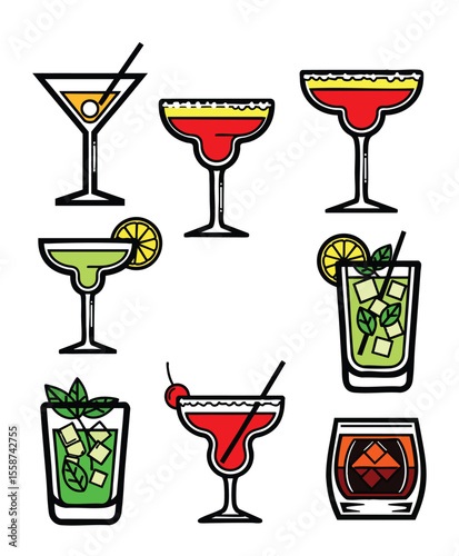 Diverse Colorful Cocktail Glass Icons Set