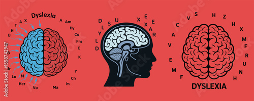 Conceptual illustration of the human brain and dyslexia medical education and awareness