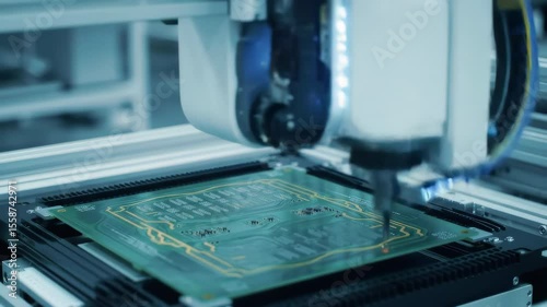 Automated circuit board manufacturing in a modern factory, robotic arm assembles components for innovation and technology – industrial production and precision engineering
