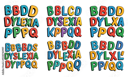 Colorful dyslexia and dysgraphia wordplay illustration demonstrating difficulties with letters