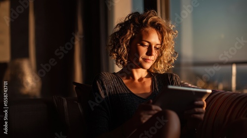 Woman Relaxing at Home Using a Tablet in Warm Evening Light