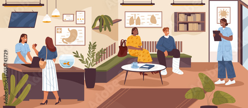 Hospital or clinic interior. Vector medicine or healthcare appointment sign. Therapy or diagnosis queue and reception consultation. Lobby or hall with nurse and patient. Medical treatment and health.