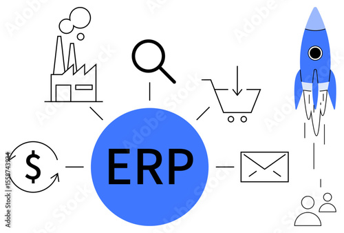 Central ERP circle linked to icons of factory, magnifier, cart, rocket, dollar, envelope, and users. Ideal for business management, process optimization automation integration innovation data