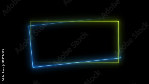 Glowing neon rectangles animation on dark background with blue and yellow light effects, modern abstract digital frame, futuristic border design for video, technology template, space