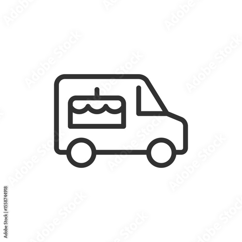 Cake delivery van, linear icon. Vehicle for transporting bakery goods. Line with editable stroke.