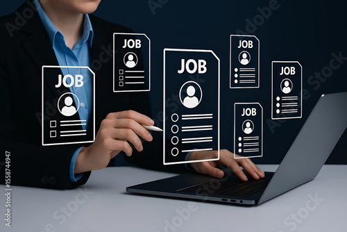 Digital Job Recruitment Concept with Virtual Resumes and Candidate Selection Interface on Laptop Screen